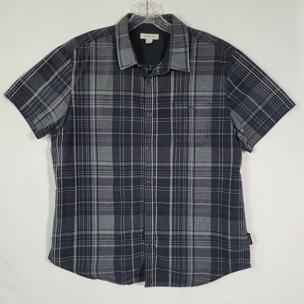 Calvin Klein Jeans Mens Black White Button Up Shirt Size L Large Classic Work